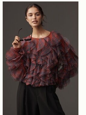 Anthropologie Dolan Left Coast Ruffle Plaid Crew Neck blouse
